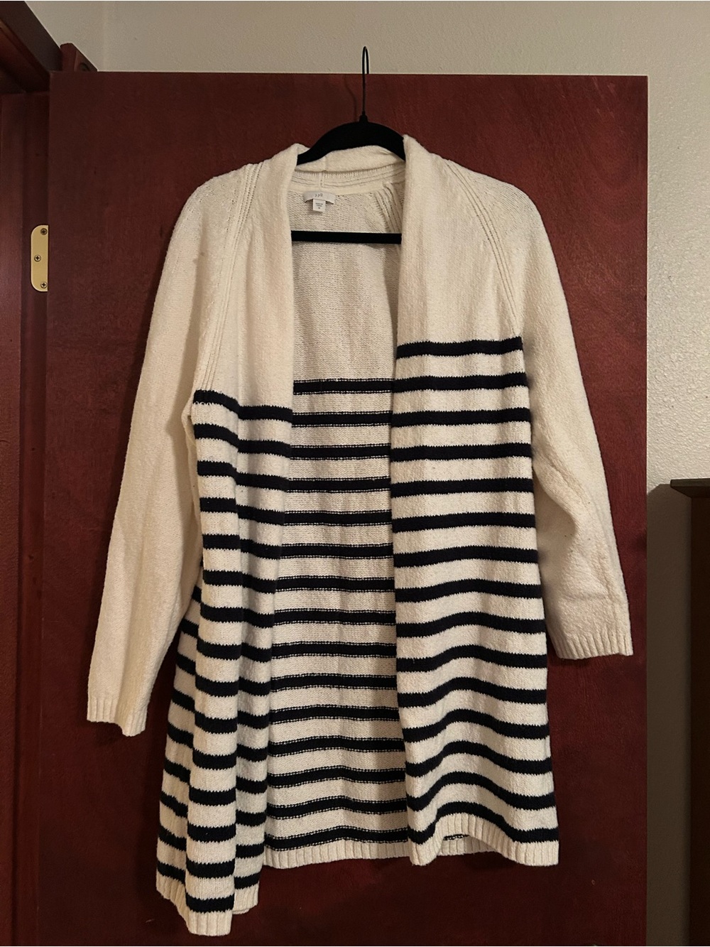 J. Jill Cream and Black Striped Open-Front Cardigan